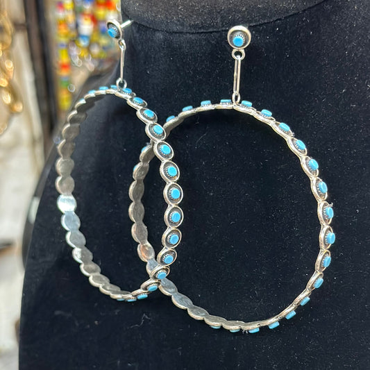 Zuni Large Circle Turquoise Stone Hoops