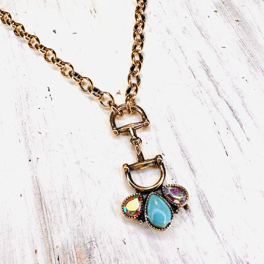 16" Bit & Half Turquoise Flower Drop Pendant Necklace