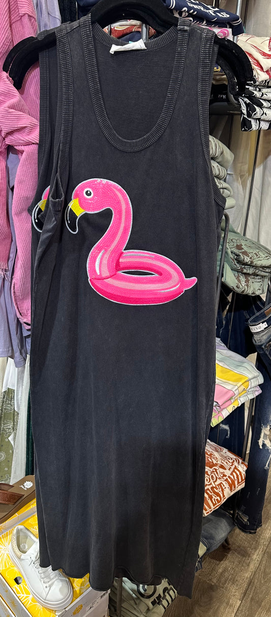 Sleek Black Tank Dress with Flamingo Float