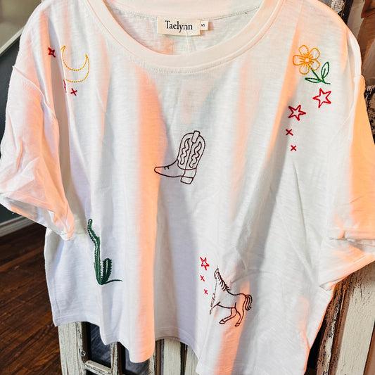 White Western Themed Embroidered Crop Top