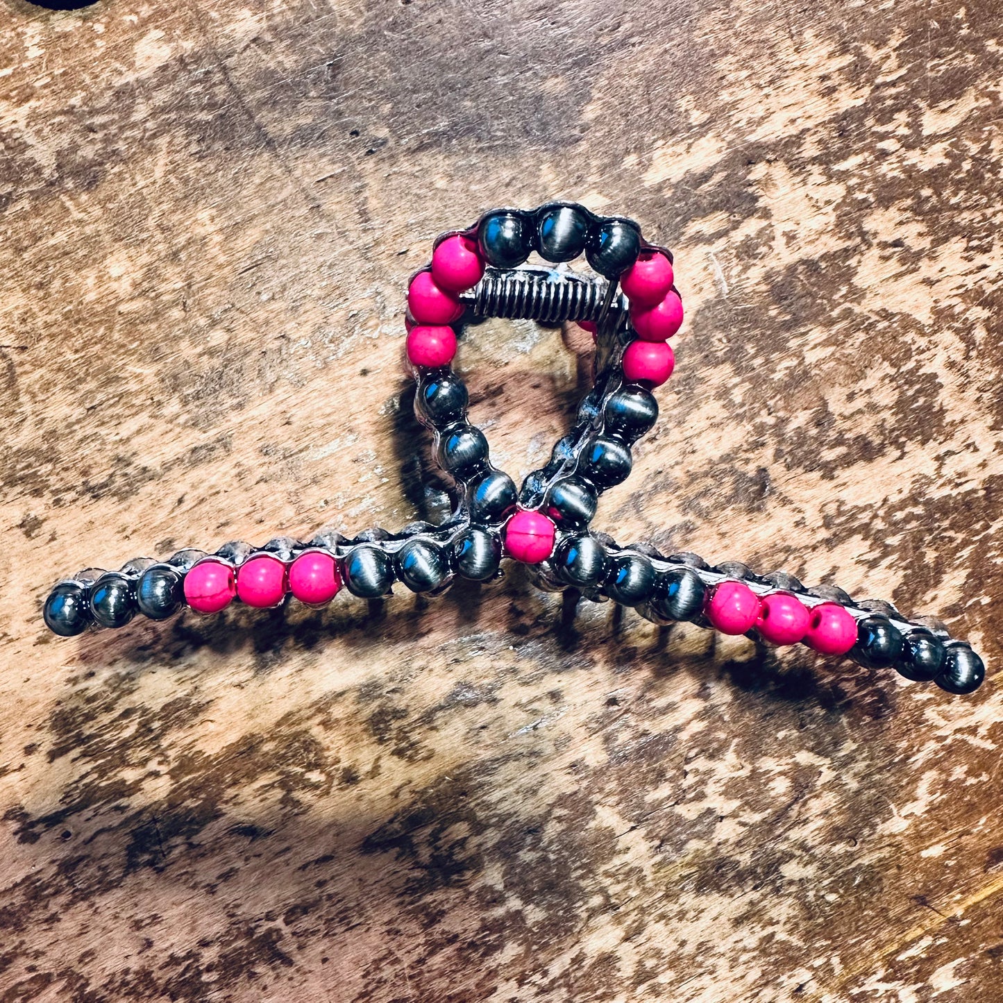 Pewter & Hot Pink Bead Swirl Hair Clip
