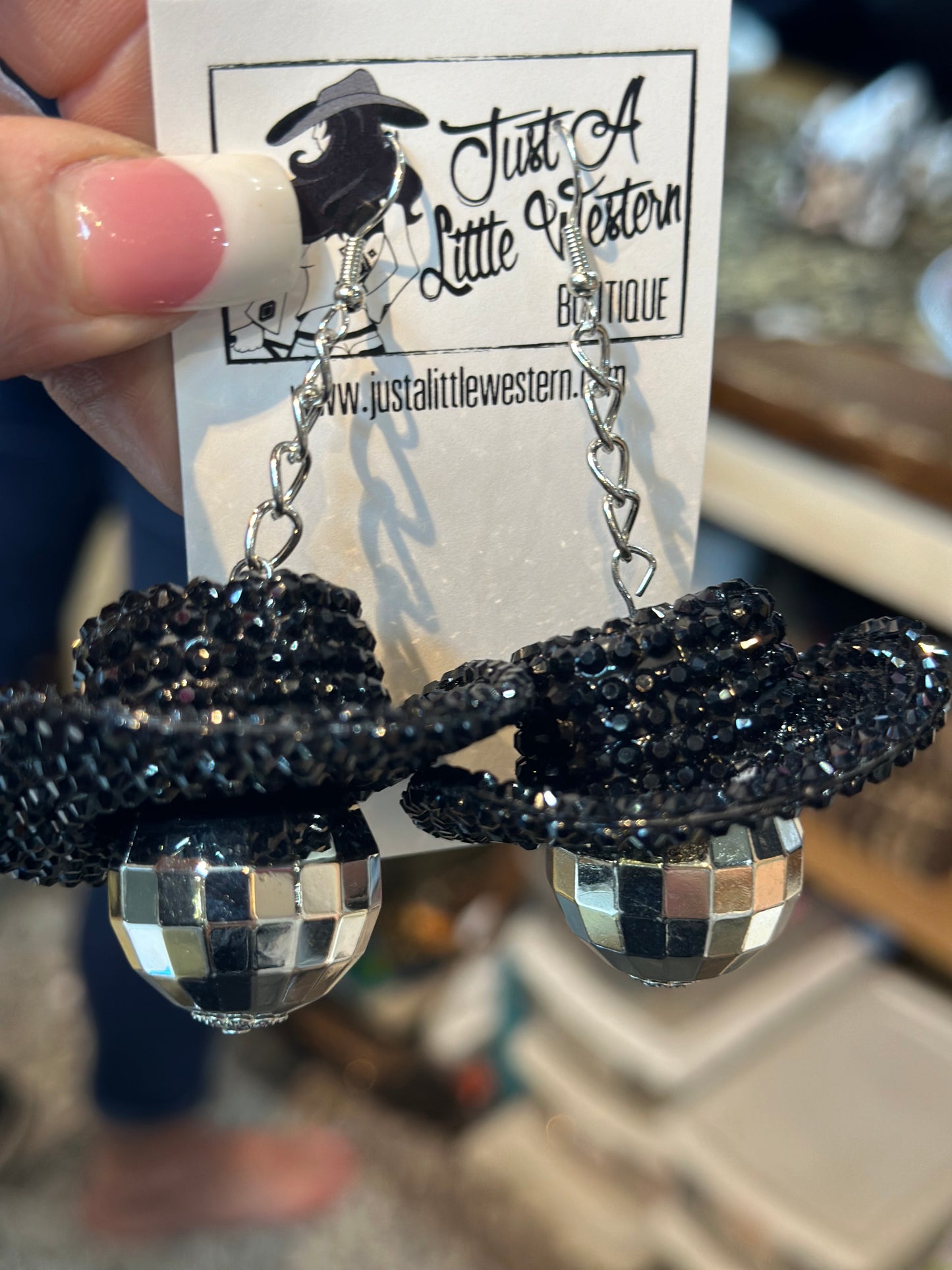 Black Rhinestone Cowgirl Disco Earrings