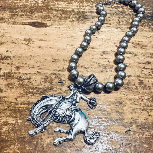 18" Large Pewter Pearl & Bucking Horse Pendant Necklace