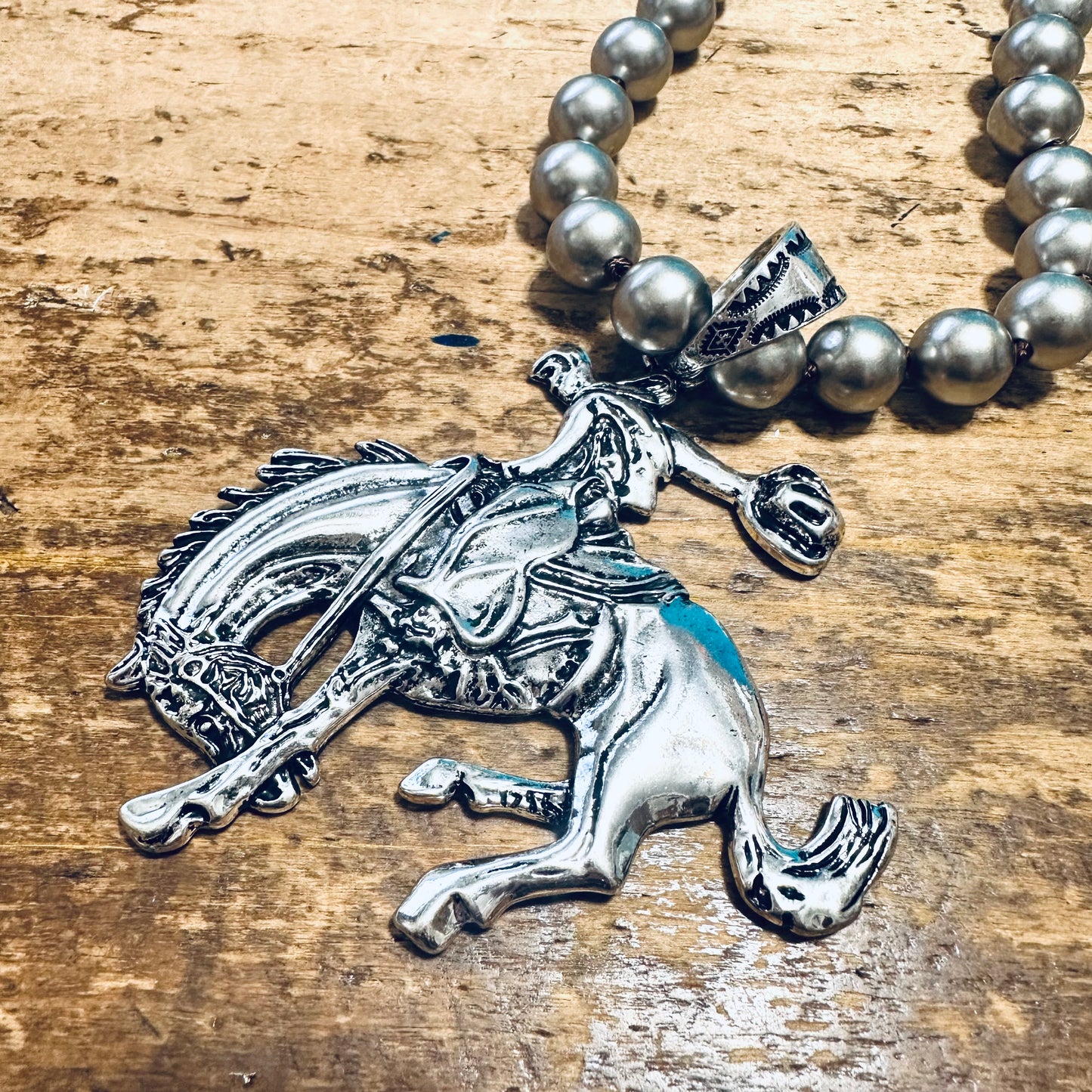 18" Large Pewter Pearl & Bucking Horse Pendant Necklace