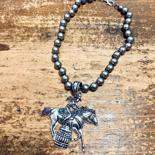 18" Large Pewter Pearl & Barrel Horse Pendant Necklace