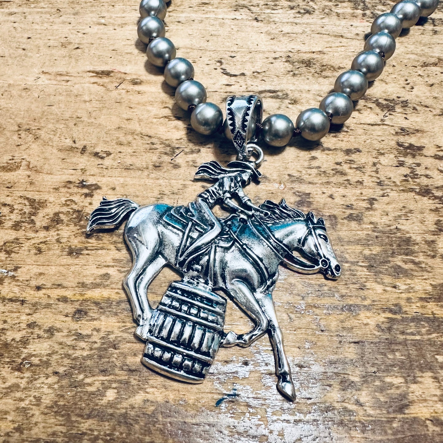 18" Large Pewter Pearl & Barrel Horse Pendant Necklace