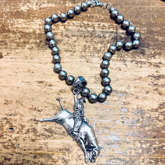 18" Large Pewter Pearl & Bull Rider Pendant Necklace