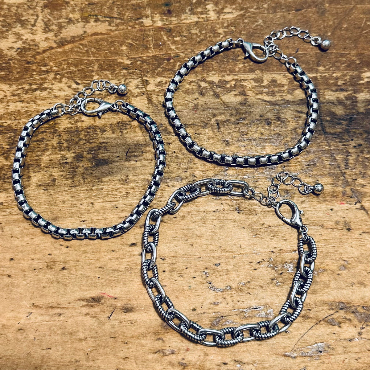 Silver Box Link & Chain Bracelets- Set of 3
