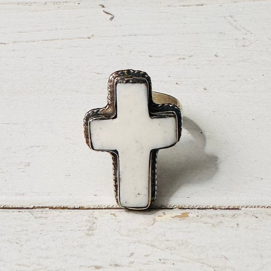 White Cross Coin Silver Ring