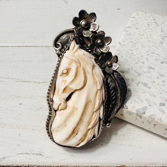 Bone Horse Head & Triple Flower Coin Silver Ring