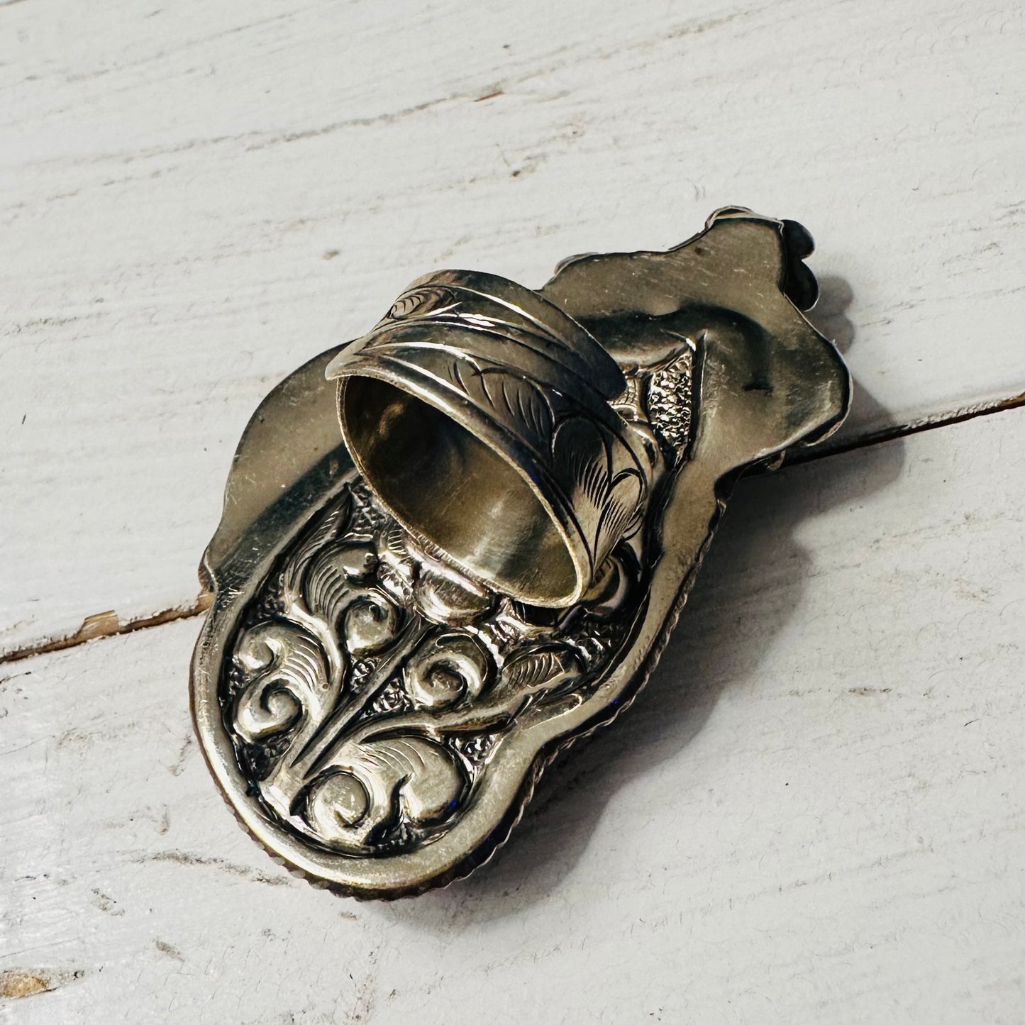 Bone Horse Head & Triple Flower Coin Silver Ring