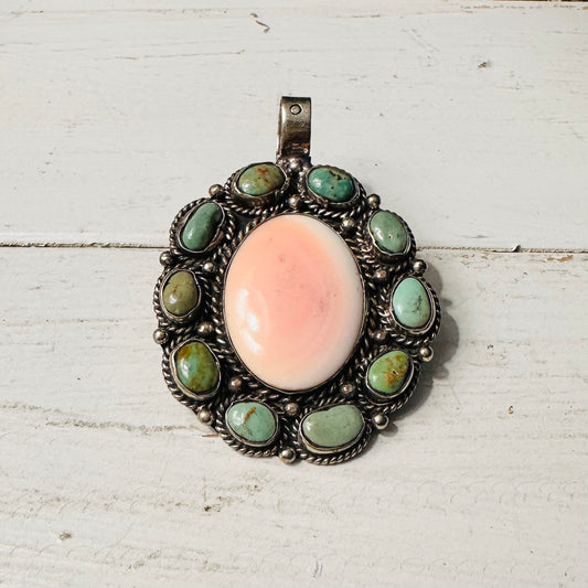 Oval Turquoise & Peach Stone Coin Silver Pendant