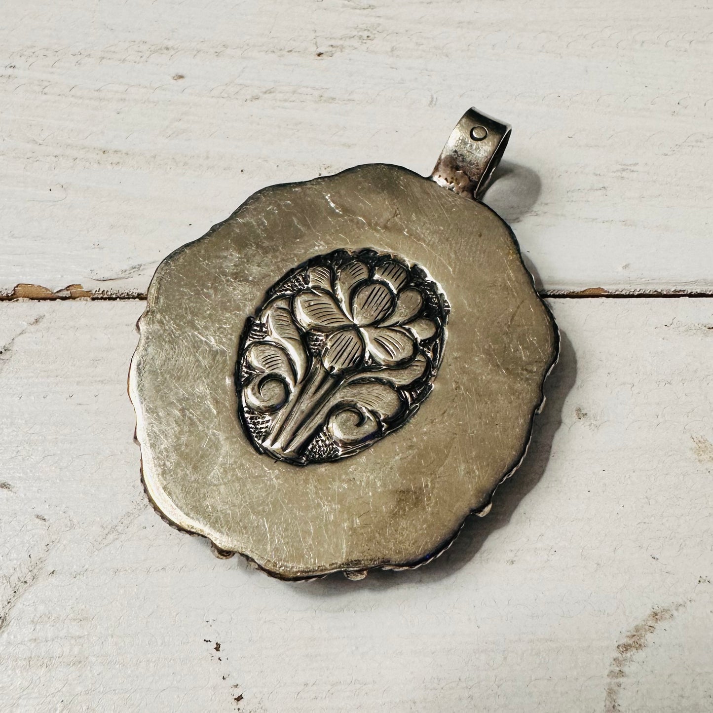 Oval Turquoise & Peach Stone Coin Silver Pendant