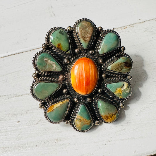 Turquoise & Orange Stone Coin Silver Ring