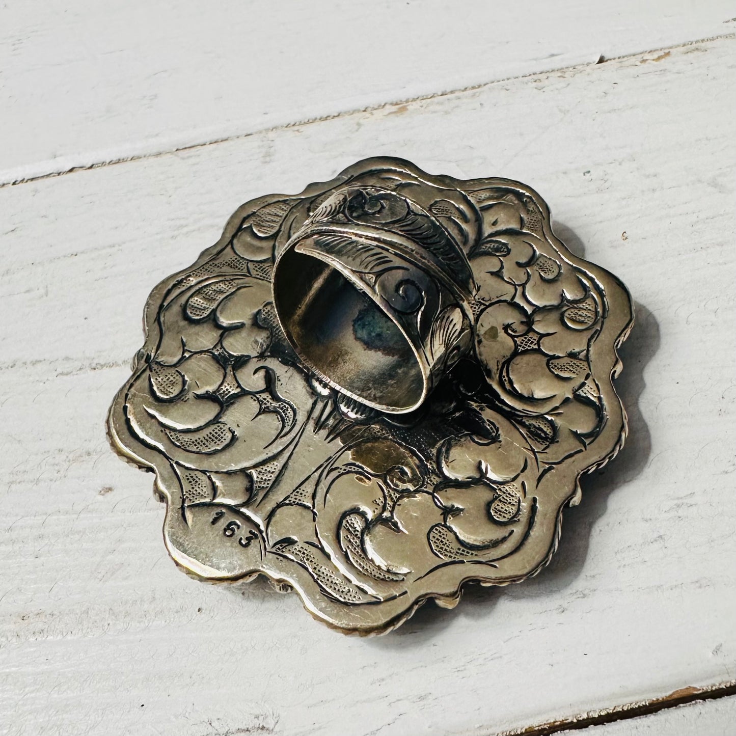Turquoise & Orange Stone Coin Silver Ring