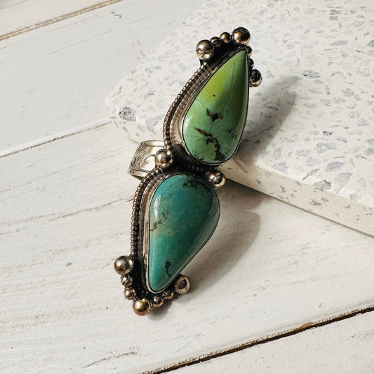 Double Teardrop Turquoise Stone Coin Silver Ring