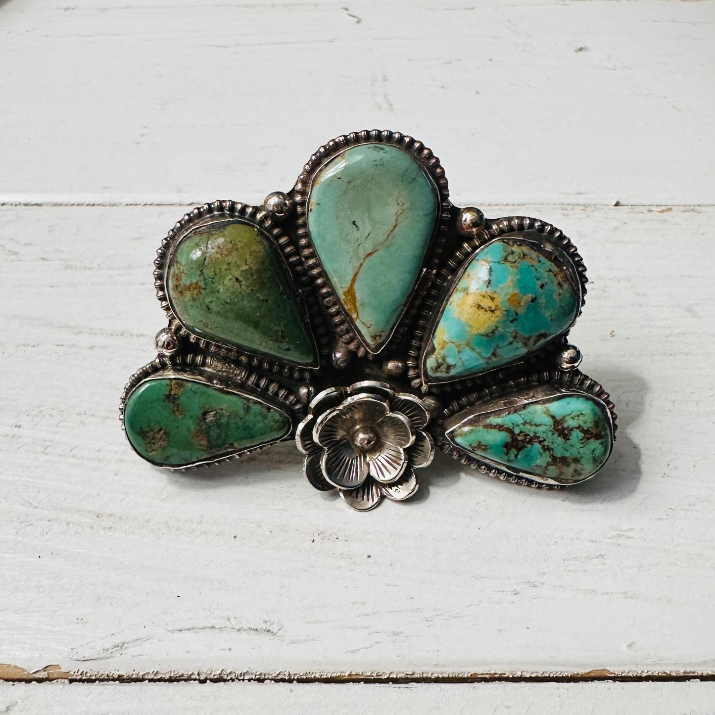 Teardrop Turquoise Stone Half Flower Coin Silver Ring
