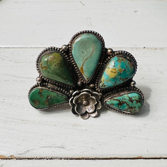 Teardrop Turquoise Stone Half Flower Coin Silver Ring
