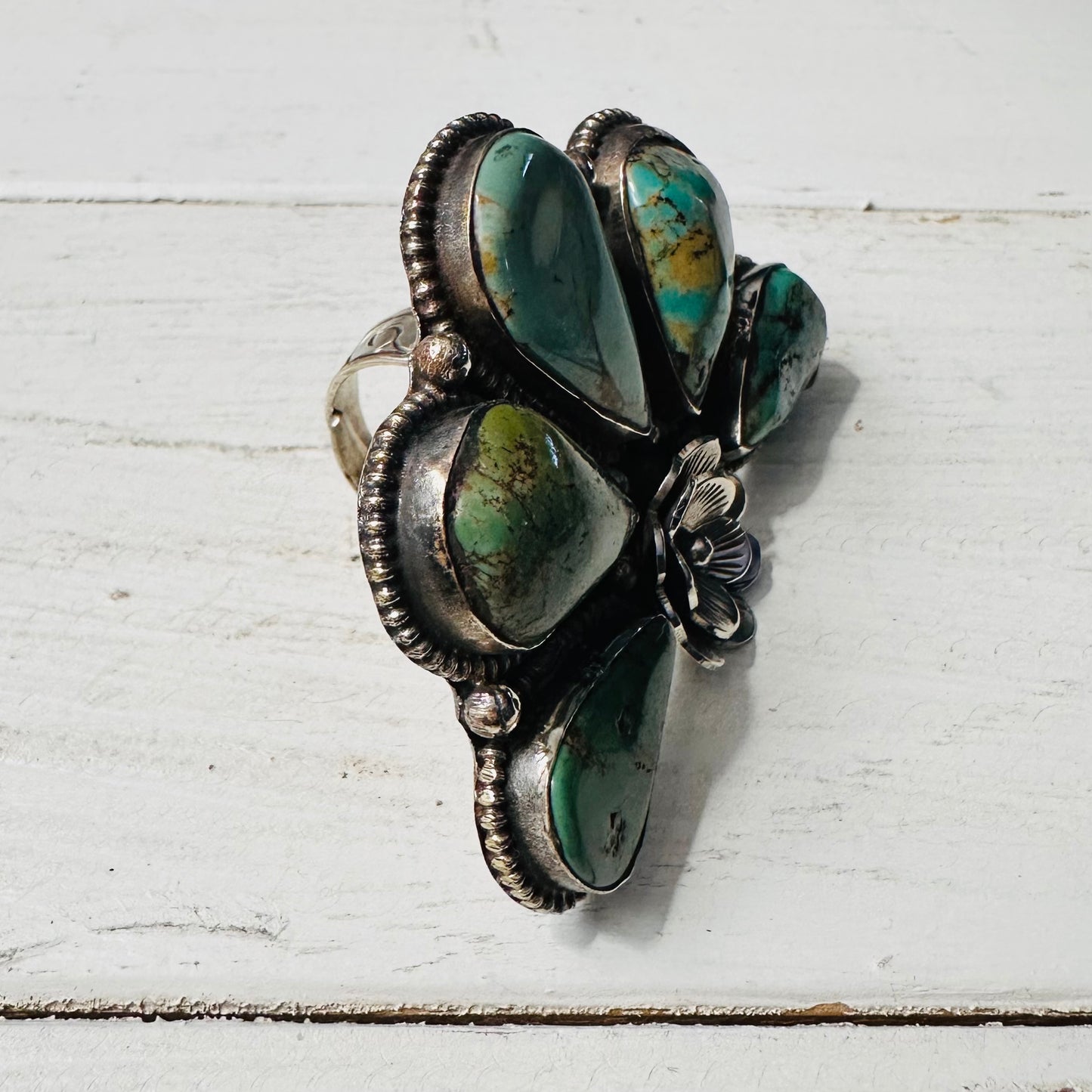Teardrop Turquoise Stone Half Flower Coin Silver Ring