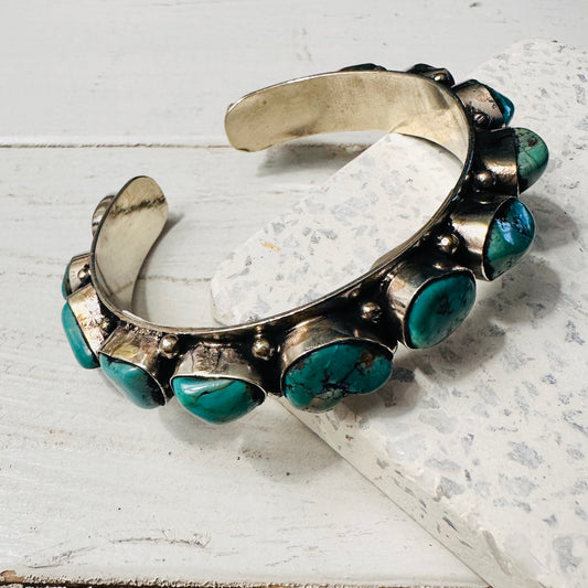 Turquoise Stone Coin Silver Cuff Bracelet