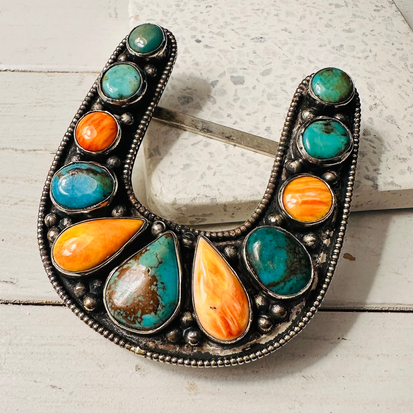 Turquoise & Orange Stone Coin Silver Horseshoe Belt Buckle