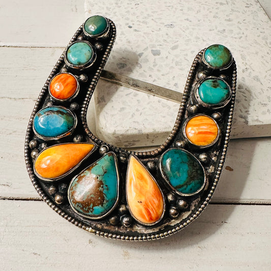 Turquoise & Orange Stone Coin Silver Horseshoe Belt Buckle