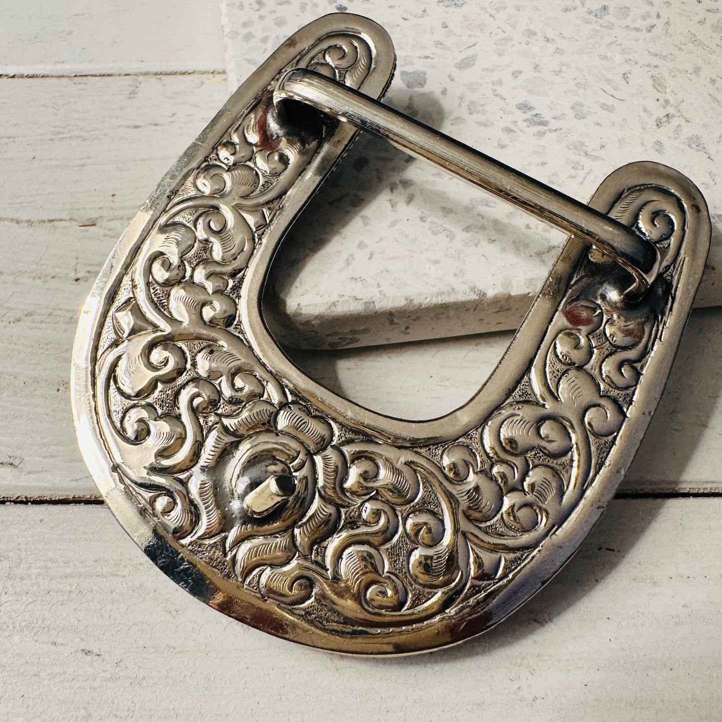 Turquoise & Orange Stone Coin Silver Horseshoe Belt Buckle