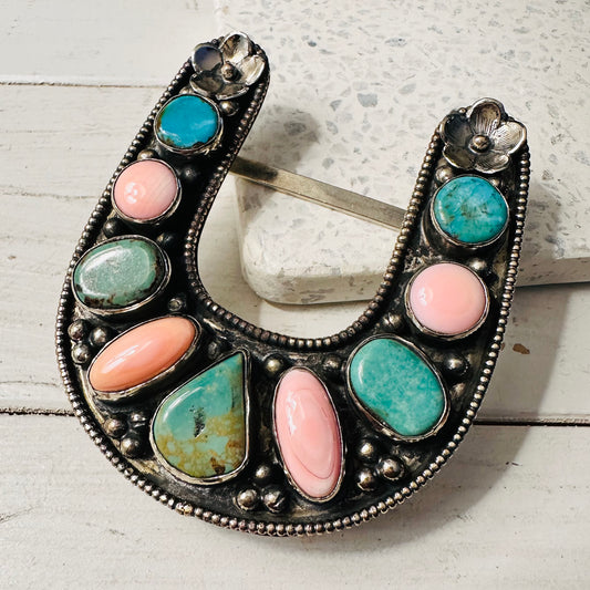 Turquoise & Pink Stone Coin Silver Belt Buckle