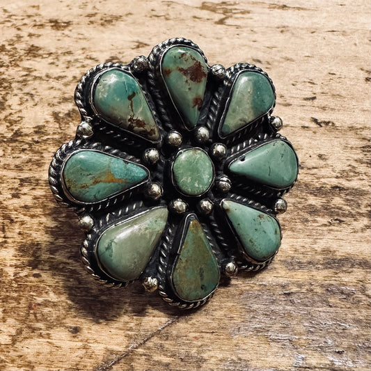 Green Turquoise Stone Flower Coin Silver Ring