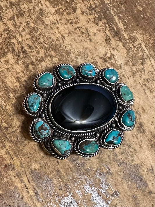 Turquoise & Black Oval Stone Coin Silver Belt Buckle