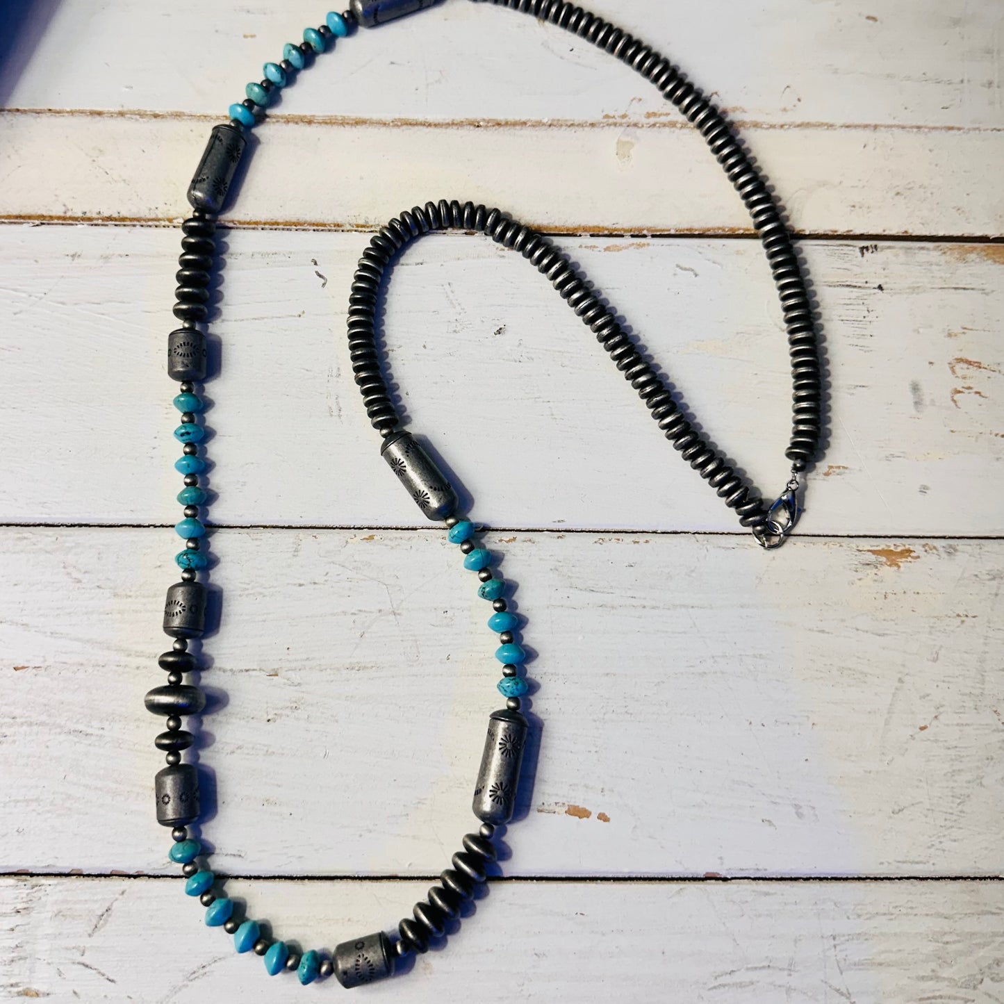 36" Turquoise & Pewter Disc & Barrel Bead Necklace