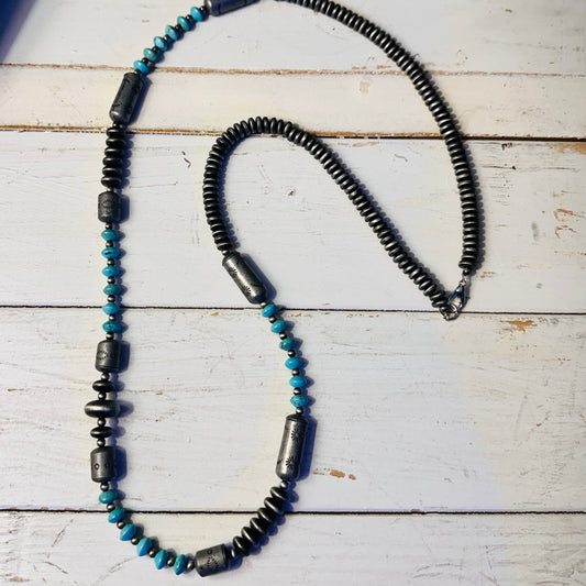 36" Turquoise & Pewter Disc & Barrel Bead Necklace
