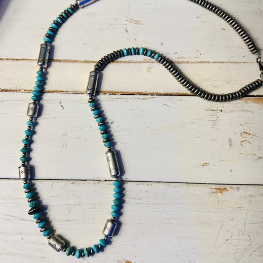 36" Turquoise, Pewter & Silver Barrel Bead Necklace
