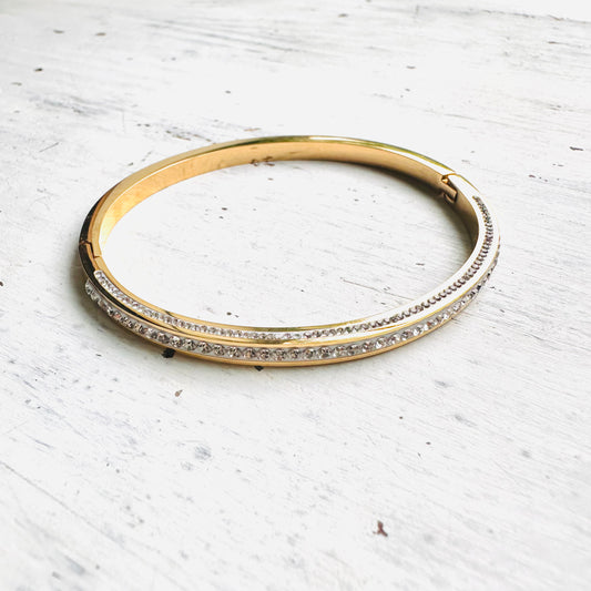 Gold Steel Pave Hinged Bangle Bracelet