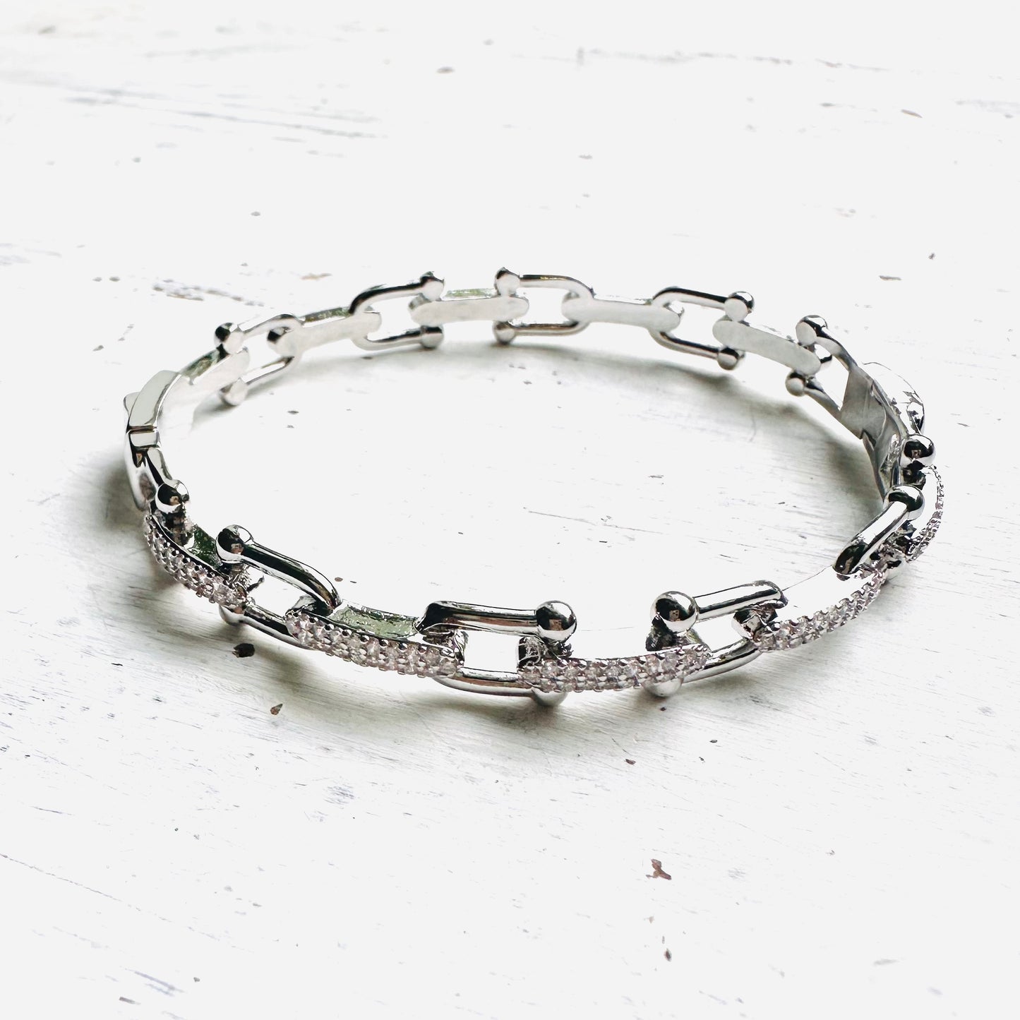 Silver Bit Link & Paved CZ Hinged Bracelet