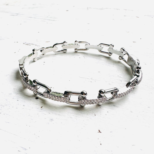 Silver Bit Link & Paved CZ Hinged Bracelet