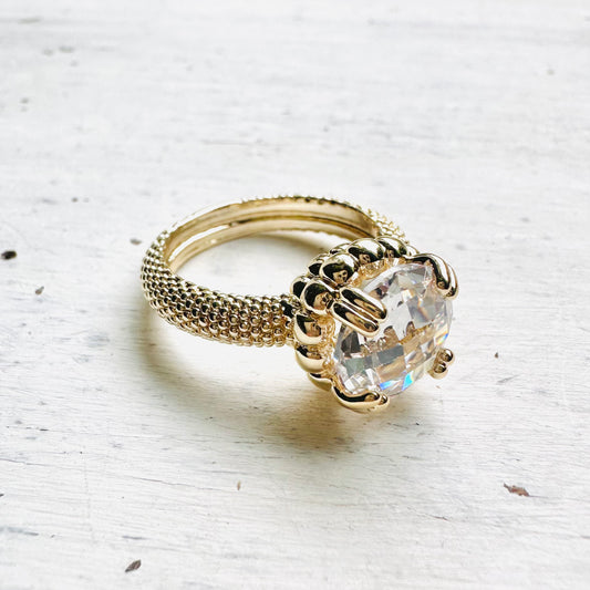 Gold Textured Round CZ Crystal Ring