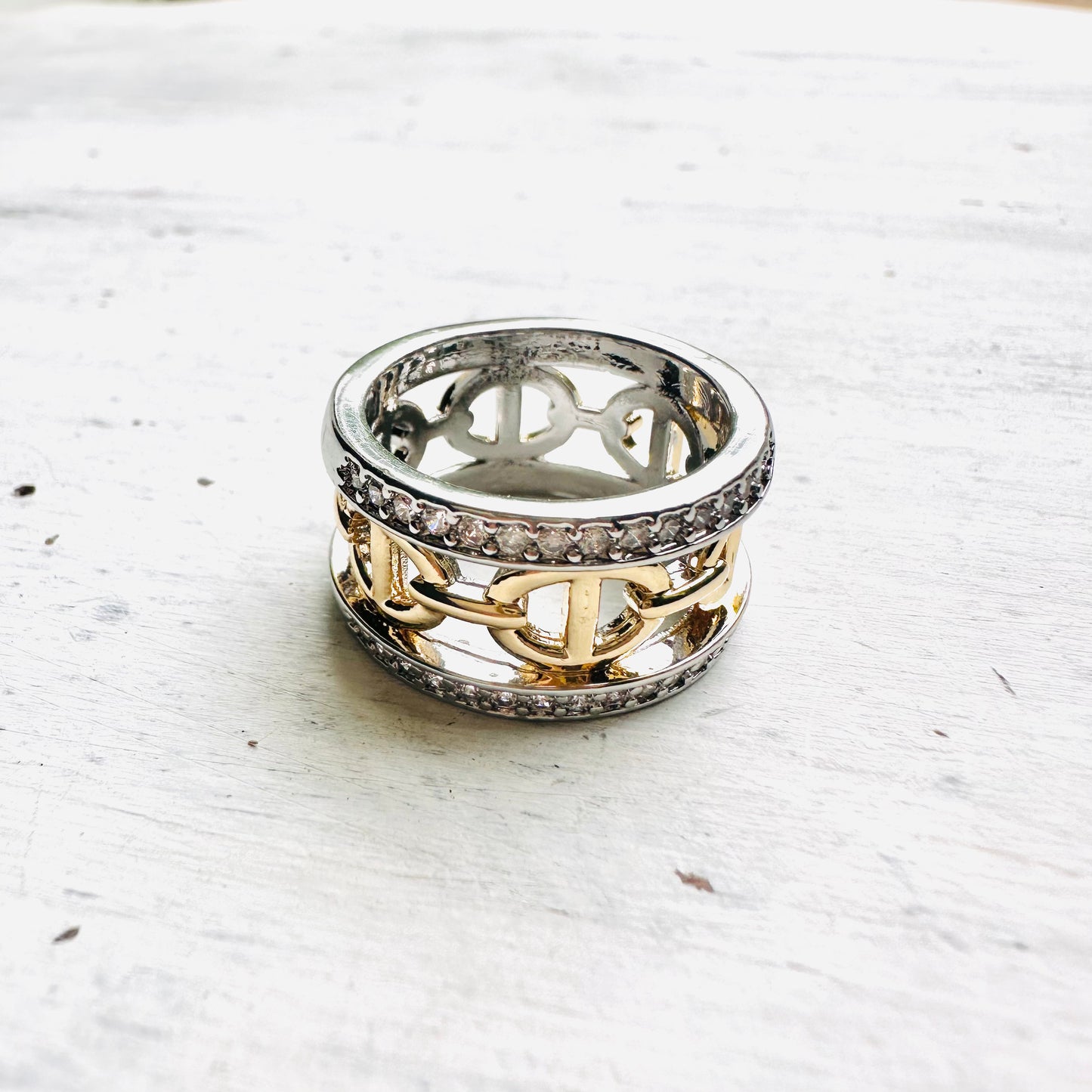 Two Toned Pave Cigar Link Ring