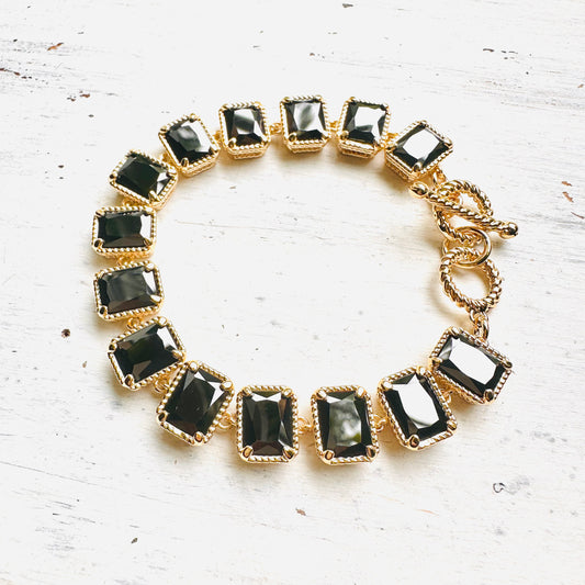 14K Plated Gold & Black CZ Square Stone Toggle Bracelet