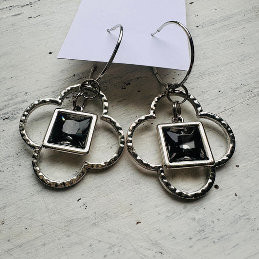 Clover & Grey Stone Dangle Hoop Earrings