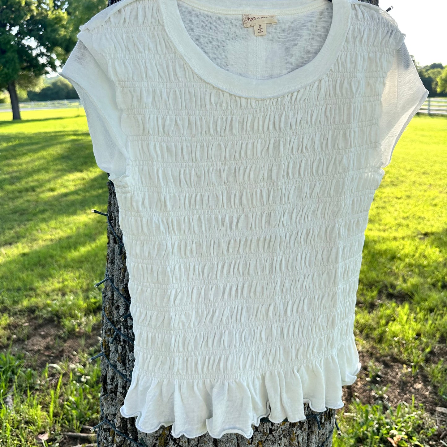 White Cap Sleeve Ruched Ruffle Botton Top