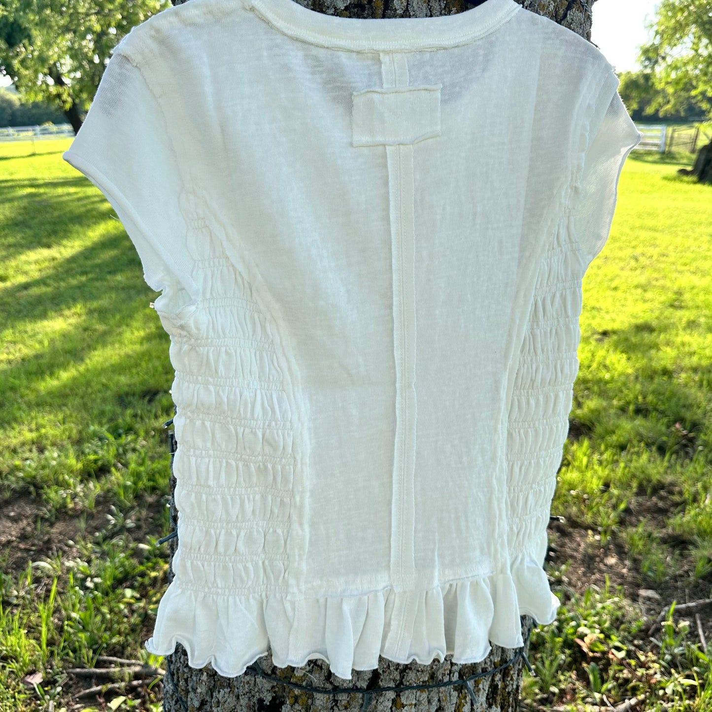 White Cap Sleeve Ruched Ruffle Botton Top