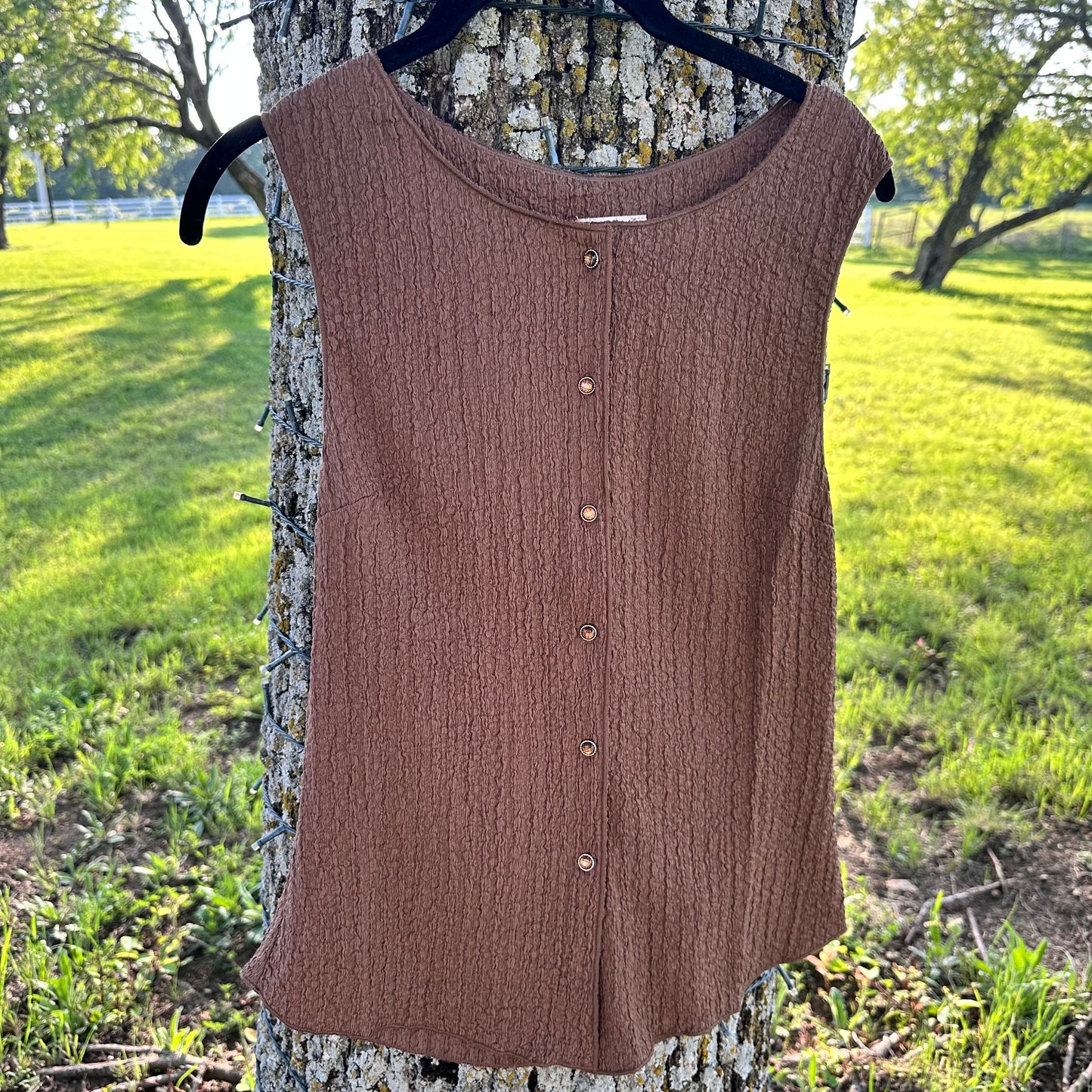 Mocha Crinkle Button Down Tank Top