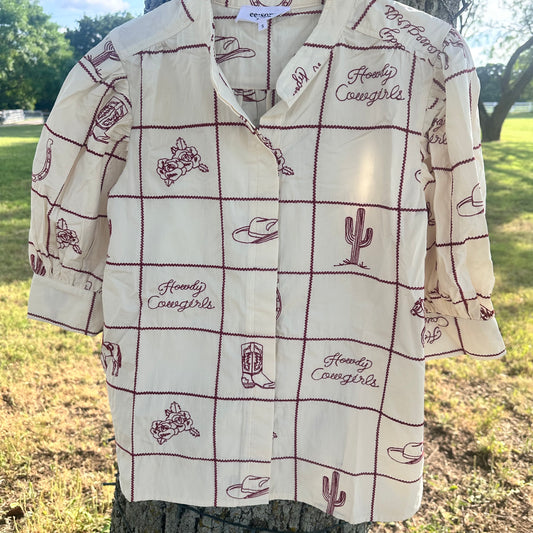 Western Grid Inspired Bubble Sleeve Top
