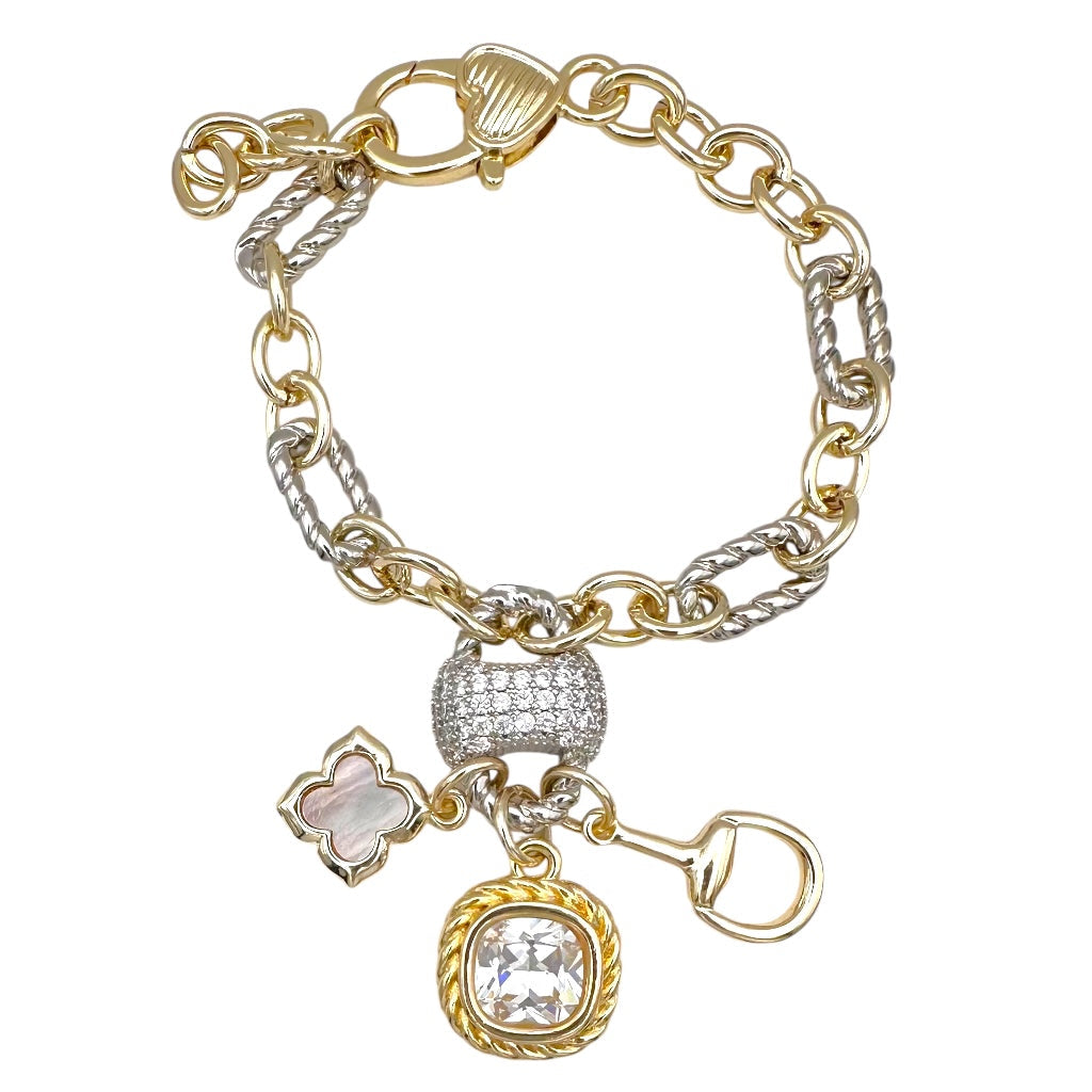 Two Tone Cable Link CZ Charm Bracelet