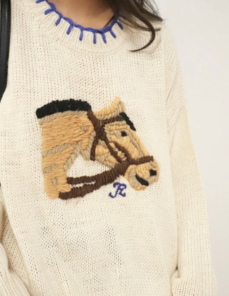 Cream Oversized Embroidered Horse Head Sweater