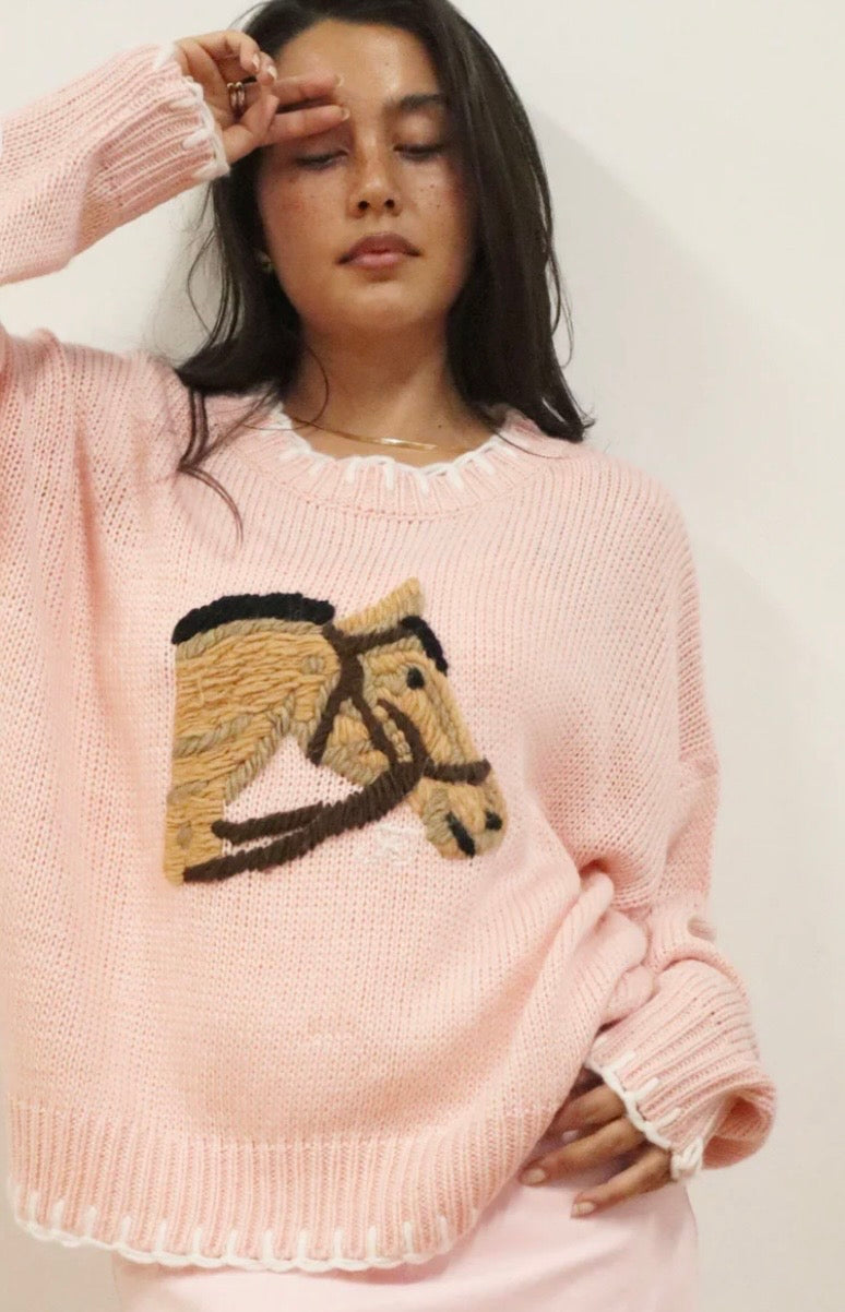 Pink Oversized Embroidered Horse Head Sweater