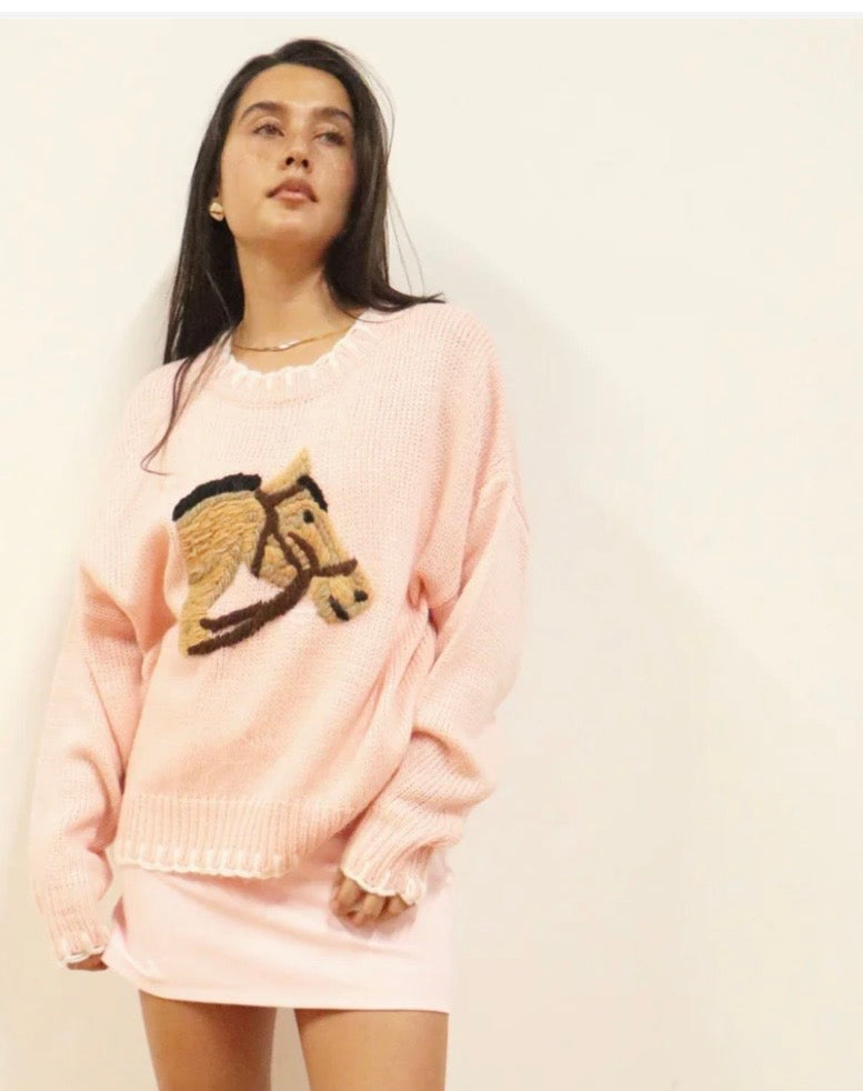 Pink Oversized Embroidered Horse Head Sweater