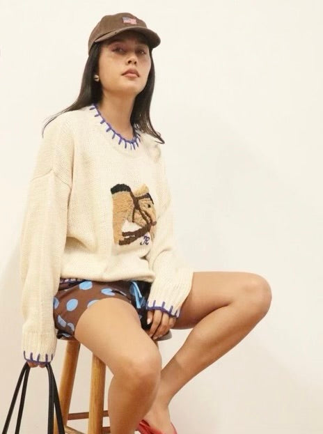 Cream Oversized Embroidered Horse Head Sweater