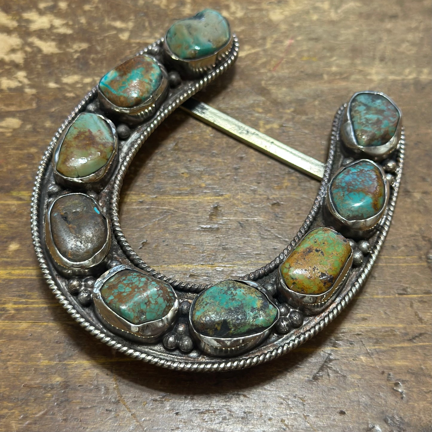 Large Turquoise Stone Coin Silver Horseshoe Belt Buckle